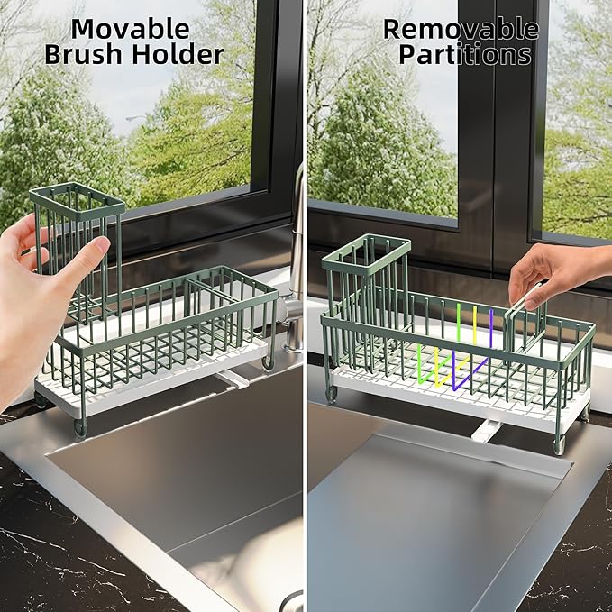 Moforoco Extra Large Sponge Holder for Kitchen Sink Organizer Caddy, Dish Brush Scrubber Holder,Stainless Steel Sink Box Utensil Holder,Soap Dispenser Set Tray Counter Accessories（Sage Green ）