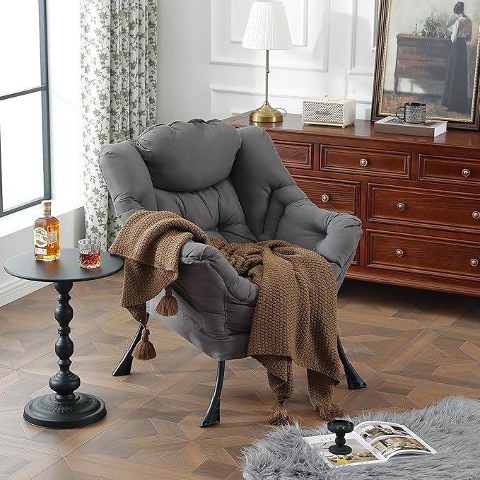 Lazy Chair for Living Room, Modern Accent Chairs with Armrests, Comfy Lounge Chair with Side Pocket, Cozy Lazy Sofa for Reading, Balcony, Bedroom, Dorm, Small Spaces (Dark Grey)