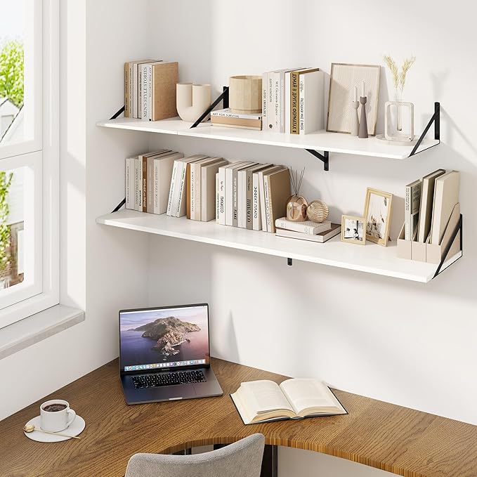 Fun Memories Floating Shelves for Wall, 12 Inch Deep Floating Shelves Set of 2, 48W x 12D Large Wall Shelf with Sturdy Metal Brackets for Living Room, Bathroom, Bedroom and Kitchen, White