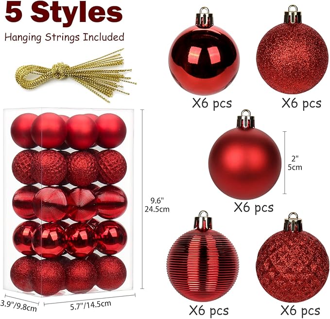 30PCS 2" Christmas Ball Ornaments Shatterproof Red Christmas Tree Decorations Xmas Tree Balls Halloween Ornaments Décor