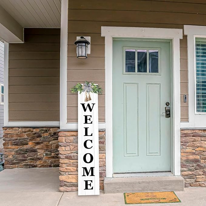 Outdoor Welcome Sign for Front Door Standing 47"X8" Large Farmhouse Wood Framed Tall Leaner Vertical Decor Rustic Home Outside Welcome Sign for Front Porch Decoration (White)