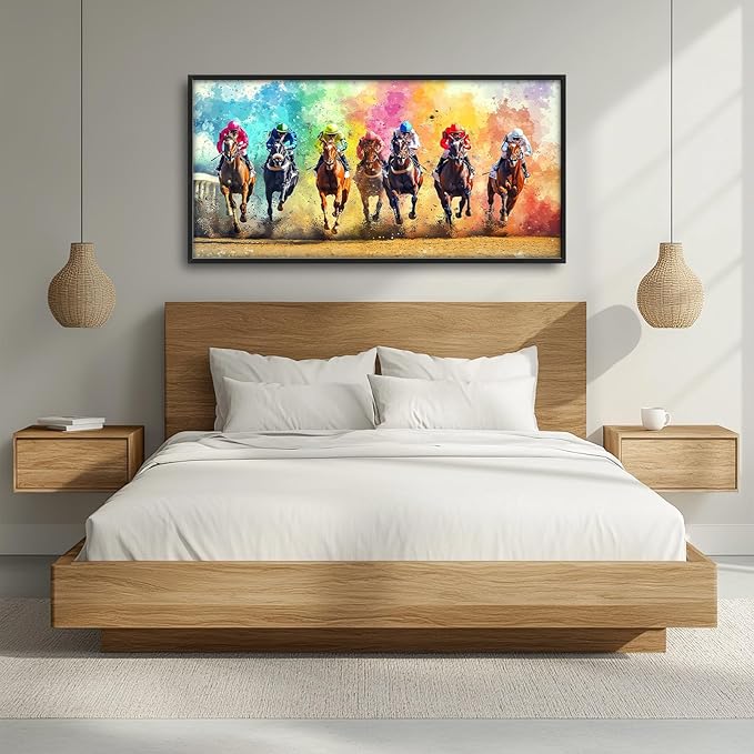 Framed Large Wall Art for Living Room, Horse Racing Canvas Wall Decor, Large Horse Picture Framed Painting, Modern Artwork for Bedroom Office 60L'' × 30W''