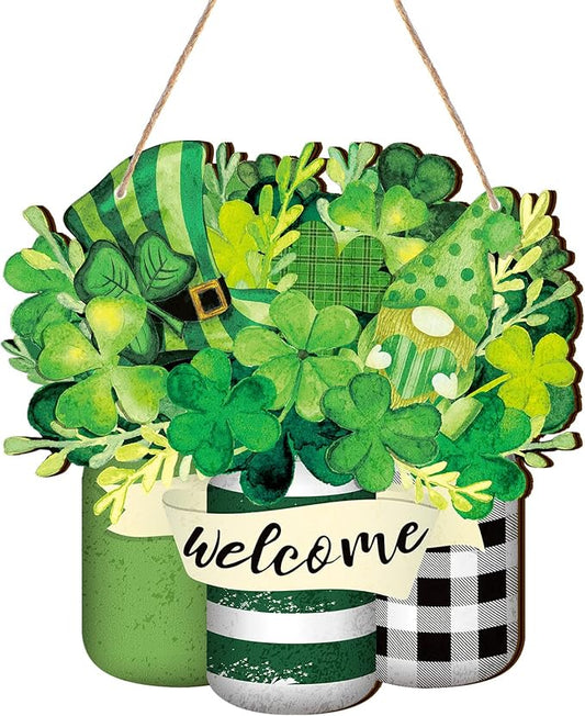 Spiareal Saint Patrick's Day Welcome Door Sign Shamrock Clover Lucky Hanging Decor St. Patrick's Day Wood Wreaths Front Door Decorations for Paddy's Irish Outdoor Farmhouse Porch