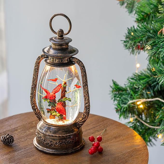 Christmas Snow Globe Lantern Water Glittering 12'' Cardinal with Music, USB Lined/Battery Operated Lighted Lantern for Christmas Festival Decoration Gifts