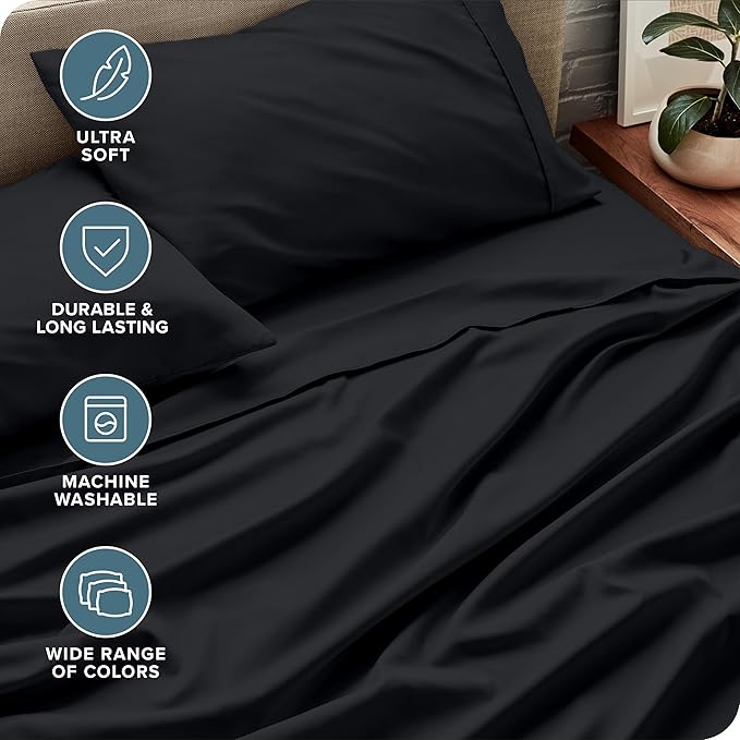 Bare Home Queen Sheet Set - Luxury 1800 Ultra-Soft Microfiber Queen Bed Sheets - Double Brushed - Deep Pockets - Easy Fit - 4 Piece Set - Bedding Sheets & Pillowcases (Queen, Black)