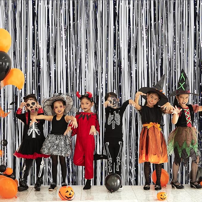 Halloween Party Decorations Indoor for Adults, Melsan 3.2 x 8 ft Black Streamer Tinsel Photo Backdrop for Birthday, Graduations, Fiesta, Halloween Decorations - Pack of 2