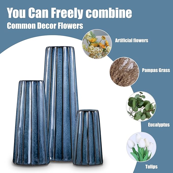 Blue Ceramic Vases - 3 Small Ribbed Vase for Flowers, Modern Minimalist Home Decor, Decorative Pottery Glazed Vase for Bookshelf, Fireplaces and Entryway Decor, Centerpieces for Dining Table