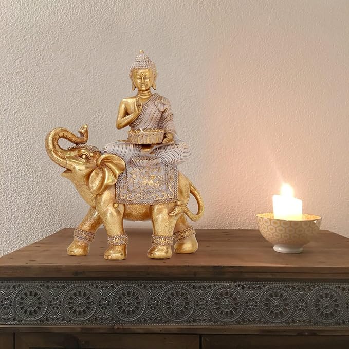 Buddha Statue for Home Decor Gold Candle Holder 11.5”-Elephant Buddha Statues for Zen Decor - Spiritual Buddha Decor for Living Room-Buda–Budda–Buddha Gift for Relaxation, Meditation or Shrine