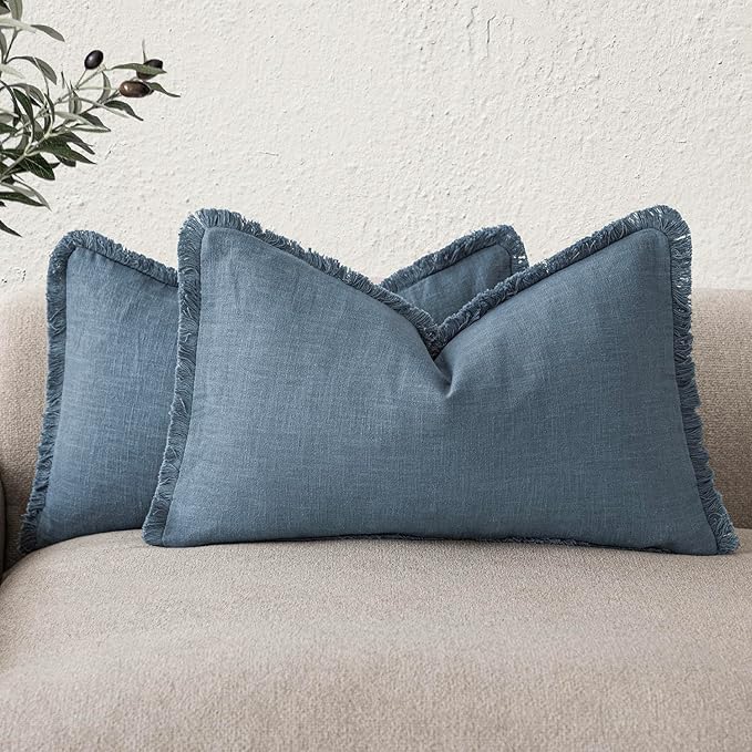 Foindtower Set of 2 Decorative Linen Fringe Lumbar Throw Pillow Covers Boho Farmhouse Cushion Cover with Tassels Soft Accent Pillowcase for Couch Sofa Bed Living Room Home Decor,12×20 Inch,Misty Blue