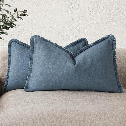Foindtower Set of 2 Decorative Linen Fringe Lumbar Throw Pillow Covers Boho Farmhouse Cushion Cover with Tassels Soft Accent Pillowcase for Couch Sofa Bed Living Room Home Decor,12×20 Inch,Misty Blue