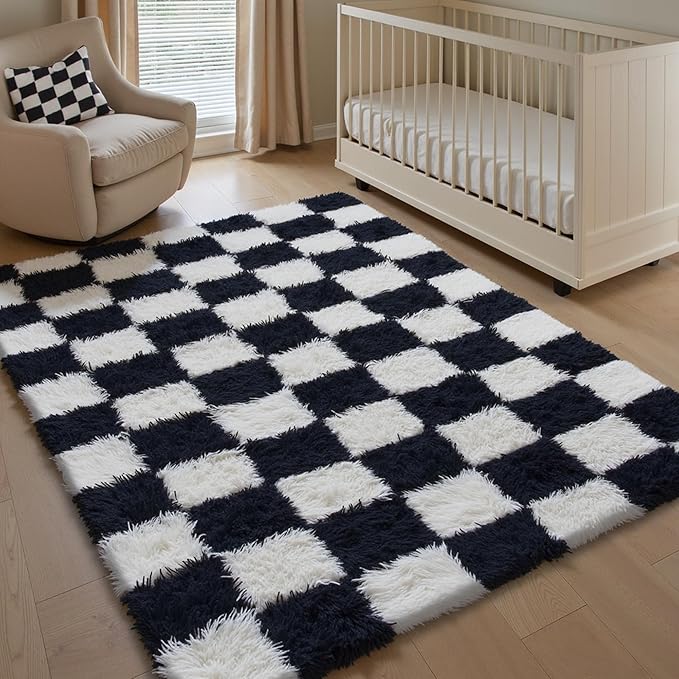 Checkered Rug 4x6 for Living Room, Black and White Modern Shag Rug Super Soft Washable Fluffy Rugs Indoor Fuzzy Carpet for Bedroom Home Dorm Aesthetic Decor