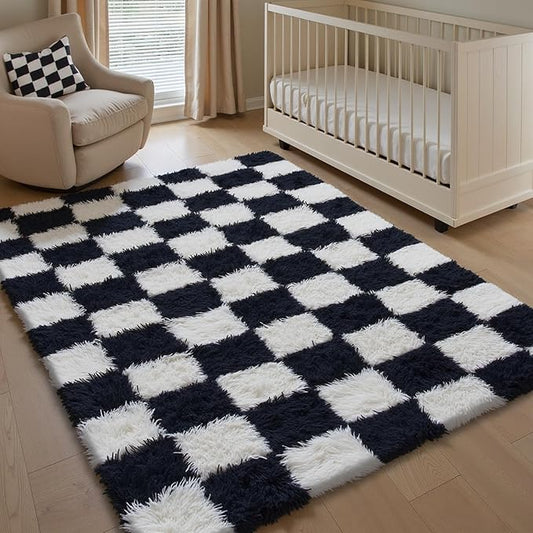 Checkered Rug 4x6 for Living Room, Black and White Modern Shag Rug Super Soft Washable Fluffy Rugs Indoor Fuzzy Carpet for Bedroom Home Dorm Aesthetic Decor