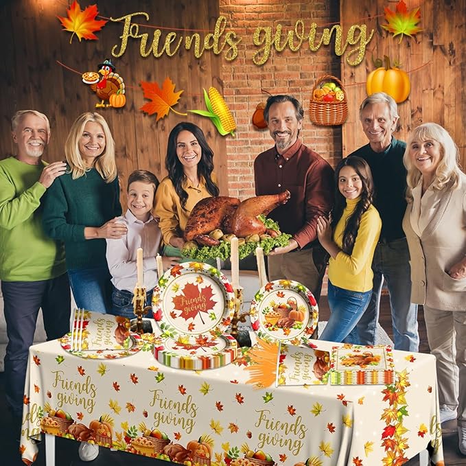 Friends Giving Party Decorations,142Pcs Fall Tableware Includes Paper Plates,Tablecloth,Cups Autumn Pumpkin Maple Turkey Theme Decorations for Friends Giving Holiday,Fall Decoration