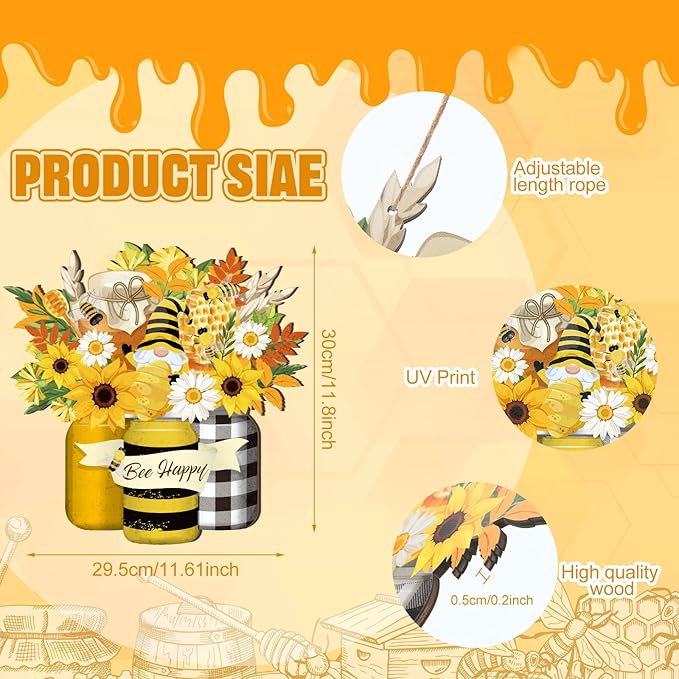 Bee Welcome Sign Wooden Yellow Bee Sign Bee Flower Gnome Wood Hanging Door Decor Farmhouse Porch Outdoor Front Door Decorations Supplies (Bee Style)