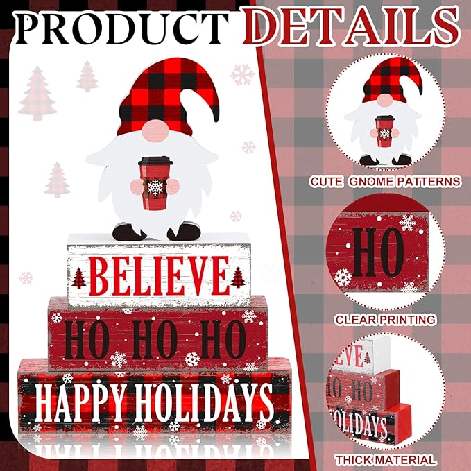 Geelin 4 Pcs Christmas Wooden Table Decorations Xmas Red and White Buffalo Plaid Signs Rustic Happy Holiday Tiered Tray Decor Xmas Gnome Tabletop Centerpieces for Home Desk Room Kitchen Shelf