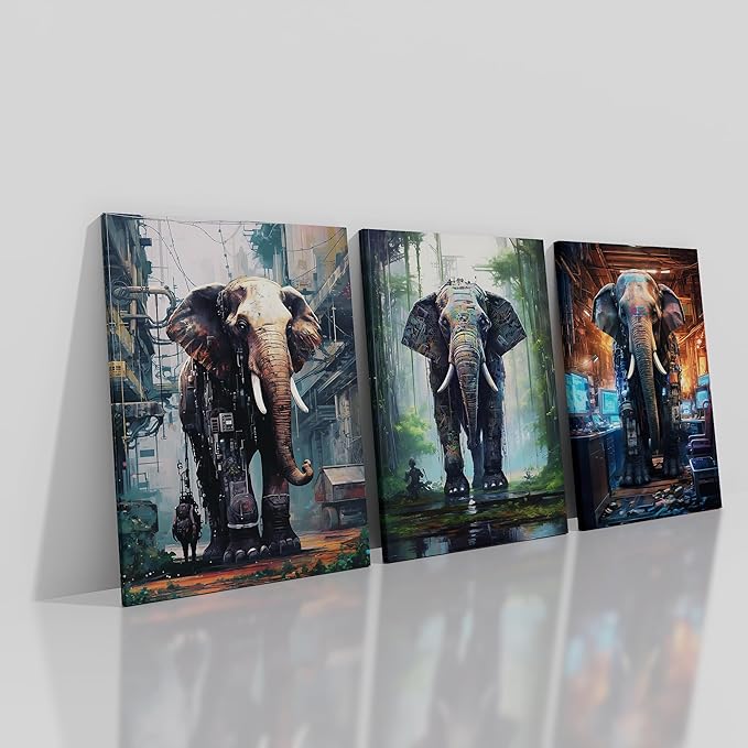 Abstract Elephants Wall Art Cyberpunk Giant Machine Animal Posters Print on Canvas Modern Sci-Fi Theme Picture Painting Wall Decor Artwork for Living Room Gym Office Ready to Hang [60''W x 28''H]