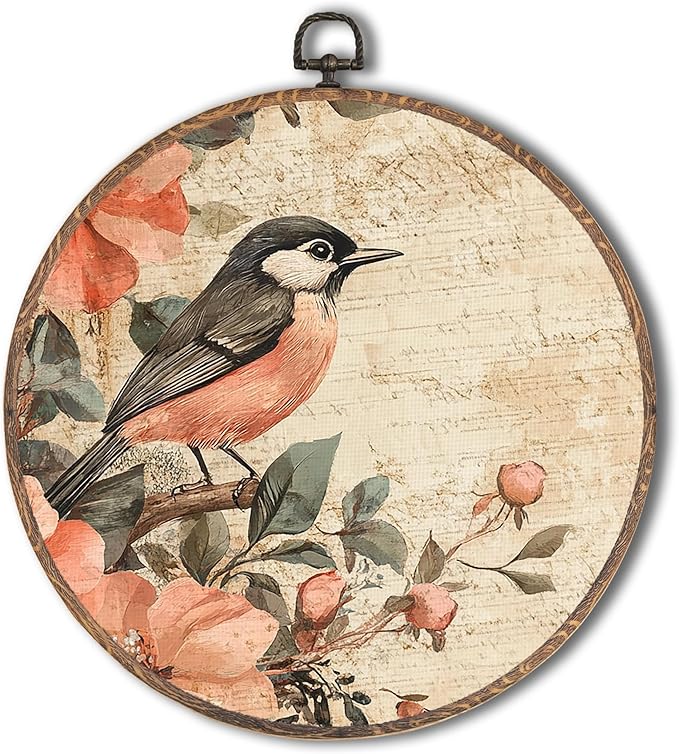Tzhim Vintage Floral Sparrow Bird Round Wall Art, Rustic Pink Rose Bird Round Wall Decor Framed, Cottagecore Farmhouse Canvas Walls Sculptures for Home Room Decor, 10x10 Inch