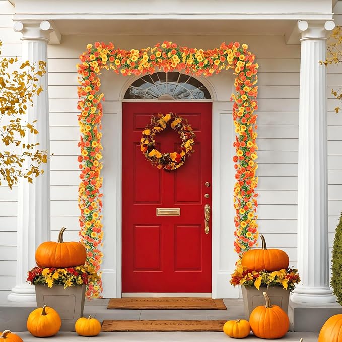 Dremisland Fall Artificial Flowers Garland 2Pcs 5.9Ft Artificial Fall Morning Glory Flower Vines UV Resistant Orange Yellow Hanging Autumn Floral Vines for Home Garden Wedding Party Thanksgiving Decor