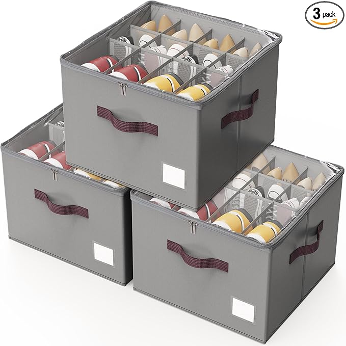 Criusia Shoe Organizer for Closet, 3 Pack Shoe Organizer with Transparent Cover and Sturdy Handles, Closet Shoe Storage for Sneakers Sandals Slippers, Fit 12-16 Pairs, Gray
