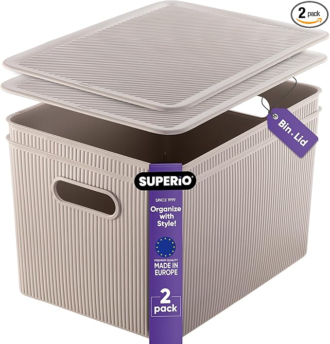 Superio Ribbed Collection - Decorative Plastic Lidded Home Storage Bins Organizer Baskets, X-Large Taupe (2 Pack - 22 Liter) Stackable Container Box, for Organizing Closet Shelves Drawer Shelf