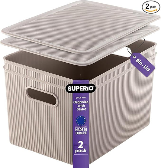 Superio Ribbed Collection - Decorative Plastic Lidded Home Storage Bins Organizer Baskets, X-Large Taupe (2 Pack - 22 Liter) Stackable Container Box, for Organizing Closet Shelves Drawer Shelf