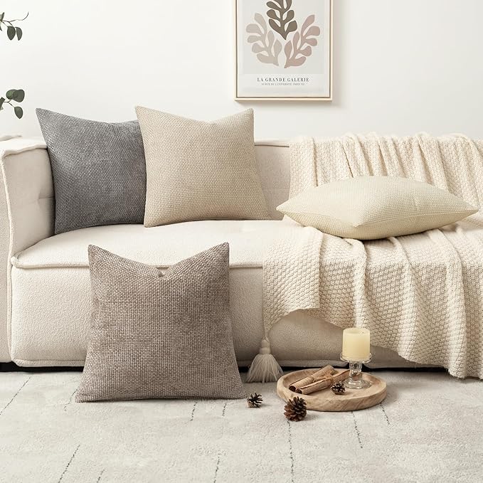 MIULEE Pack of 4 Couch Throw Pillow Covers 18x18 Inch Neutral Beige/Brown Soft Decorative Chenille Pillow Covers Farmhouse Accent Cushion Covers for Boho Home Decor Sofa Bedroom Living Room