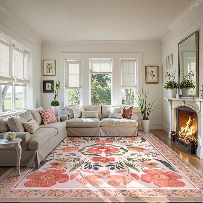 Beeiva 8x10 Living Room Rugs, Floral Washable Floor Rugs for Living Room with Low Pile, Flower Non Slip Non-Shedding Carpet for Dorm Nursery Kids Room Décor (Beige,8'x10)