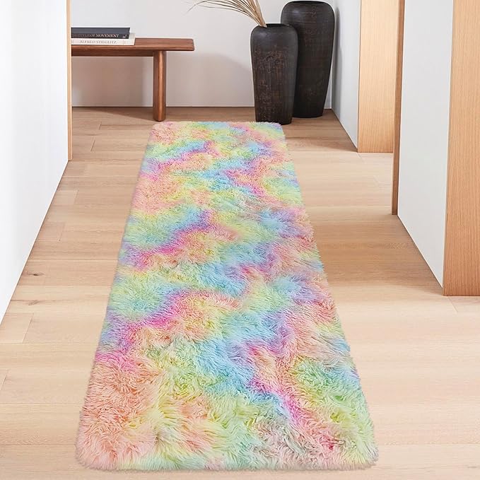 Fluffy Rainbow Rug for Girls Bedroom 2x6 Feet Kawaii Tie Dye Runner Rug Cute Colorful Unicorn Area Rug for Kids Teens Nursery Baby Princess Room Living Room Dorm Home Decor Mat Carpets