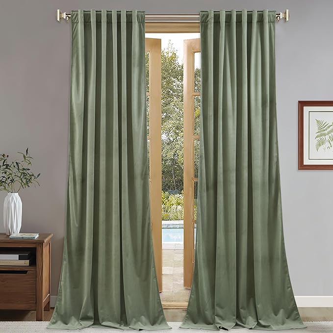 StangH Sage Green Curtains 92 inches Long Back Tab Thermal Insulated Room Darkening Window Drapes, Noise Reducing Velvet Panels for Serene Living Room, W52 x L92, 2 Panels