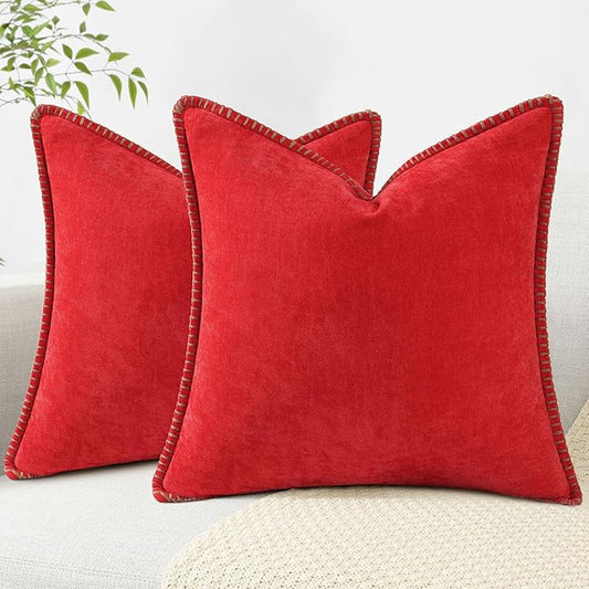 decorUhome Christmas Chenille Soft Throw Pillow Covers 18x18 Set of 2, Farmhouse Velvet Neutral Decorative Euro Pillow Covers with Stitched Edge for Couch Sofa Bed Home Decor, Red