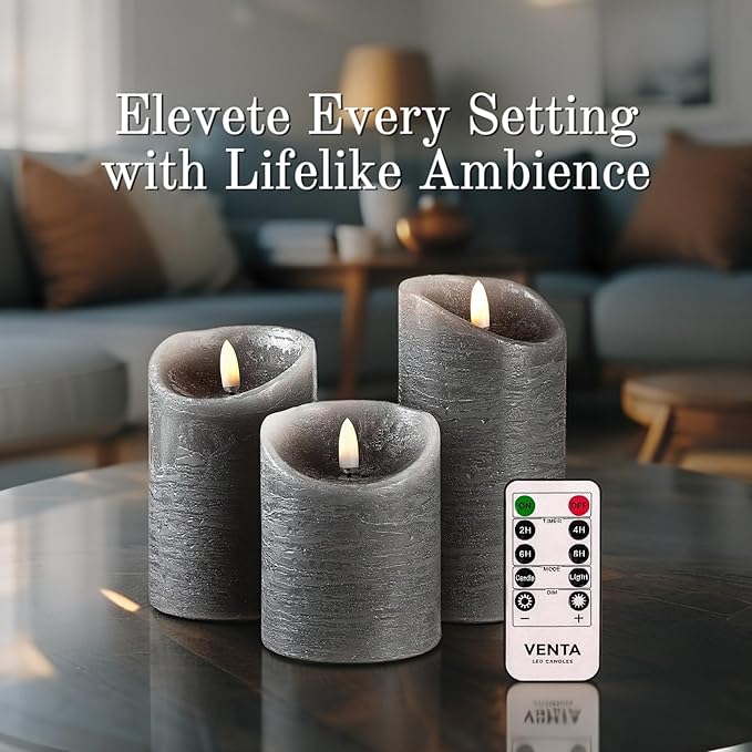VENTA Grey Flameless Pillar Candles, Set of 3 | Real Wax Battery Operated LED Candles with Remote & Timer | Perfect for Modern Farmhouse, Industrial & Minimalist Decor