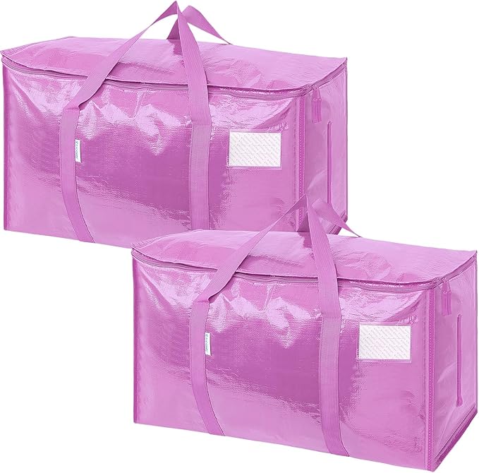 TICONN 2 Pack Extra Large Moving Bags with Zippers & Carrying Handles, Heavy-Duty Storage Tote Moving Boxes for Space Saving (2 Pack, Pink)