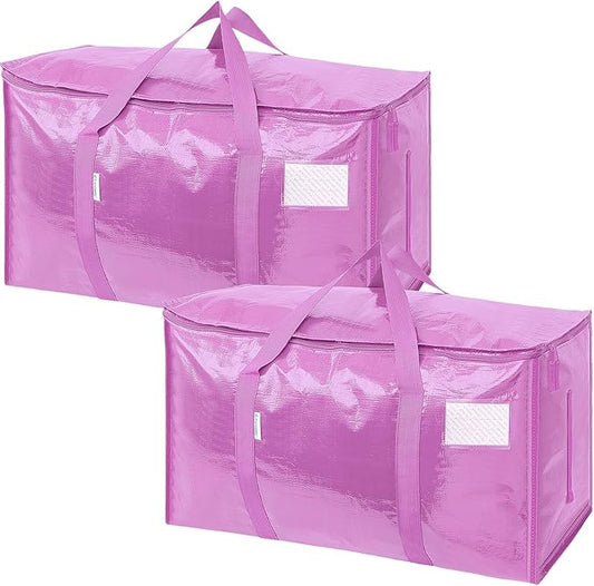TICONN 2 Pack Extra Large Moving Bags with Zippers & Carrying Handles, Heavy-Duty Storage Tote Moving Boxes for Space Saving (2 Pack, Pink)