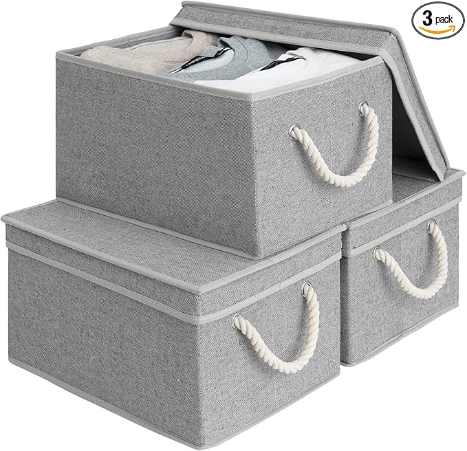 StorageWorks Storage Bins with Lids, Decorative Storage Boxes with Lid and Soft Rope Handles, Foldable Storage Baskets for Closet, Shelves, Stackable, 3-Pack, Gray, Large