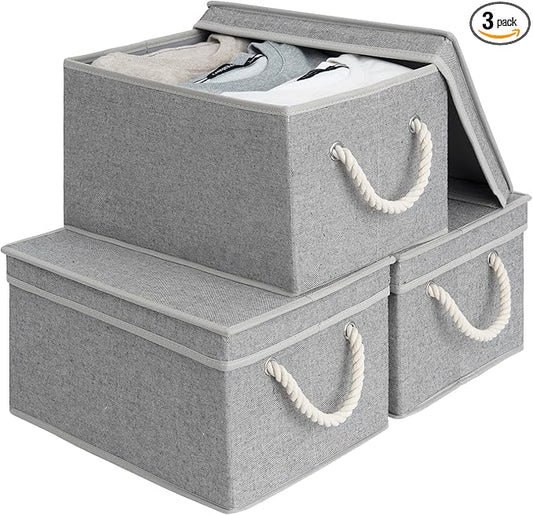 StorageWorks Storage Bins with Lids, Decorative Storage Boxes with Lid and Soft Rope Handles, Foldable Storage Baskets for Closet, Shelves, Stackable, 3-Pack, Gray, Large