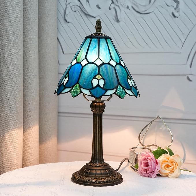 8 Inch Tiffany Style Colorful Lamp, Blue Green Umbrella Retro Design Bedside Lamp, Suitable for Bedroom, Dormitory Cafe and Other Home Art Decoration
