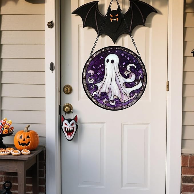 Stained Glass Window Hanging - Halloween Decorations White Ghost Purple Stars Suncatcher for Doors Garden Spooky Funny Sun Catchers Gothic Decor Horror Gifts for Women Men Friend 9.8 in