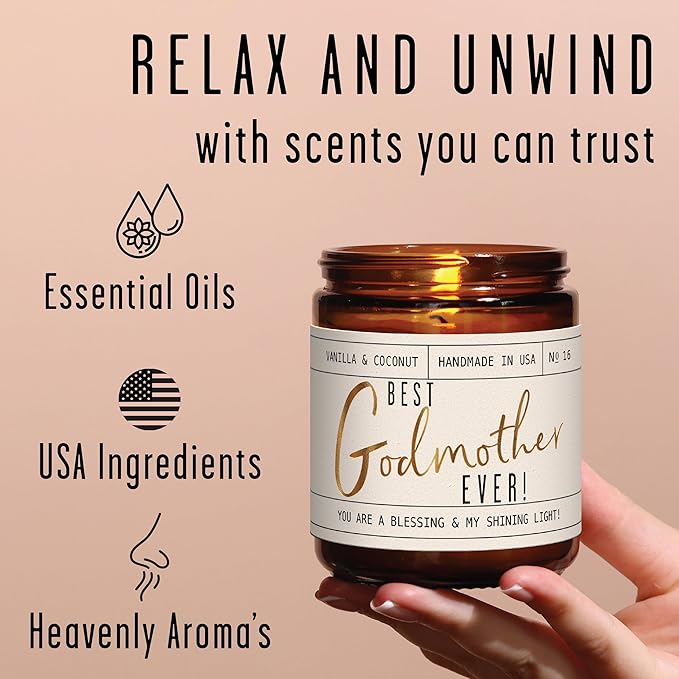 Godmother Gift - 'Best Godmother Ever!' Candle, w/Coconut & Vanilla - Godmother Gifts from Godchild I Godmother Proposal Gift I God Mother Gifts for Women I God Mom I 50Hr Burn, USA Made
