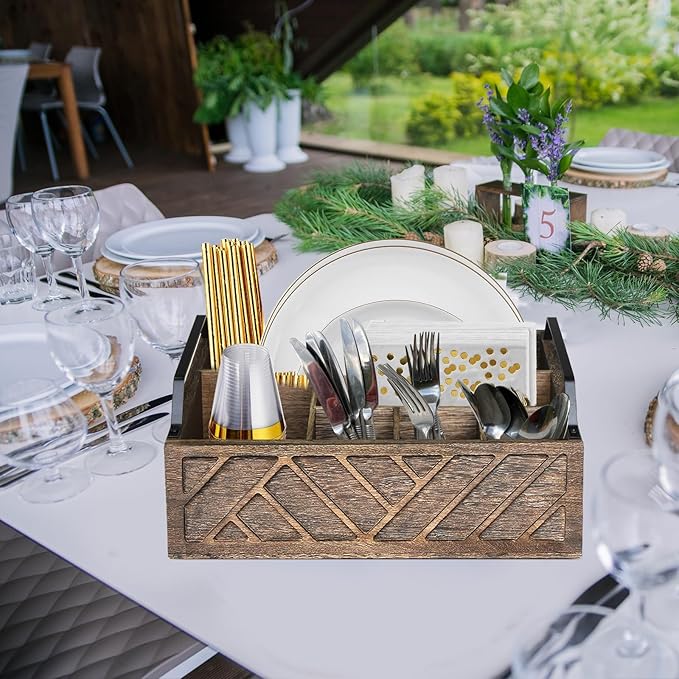 Flatware Organizers Paper Plate Dispenser with Handles, Paper Plate Holder for Kitchen Counter, Wood Rustic Silverware Utensil Caddy, Brown