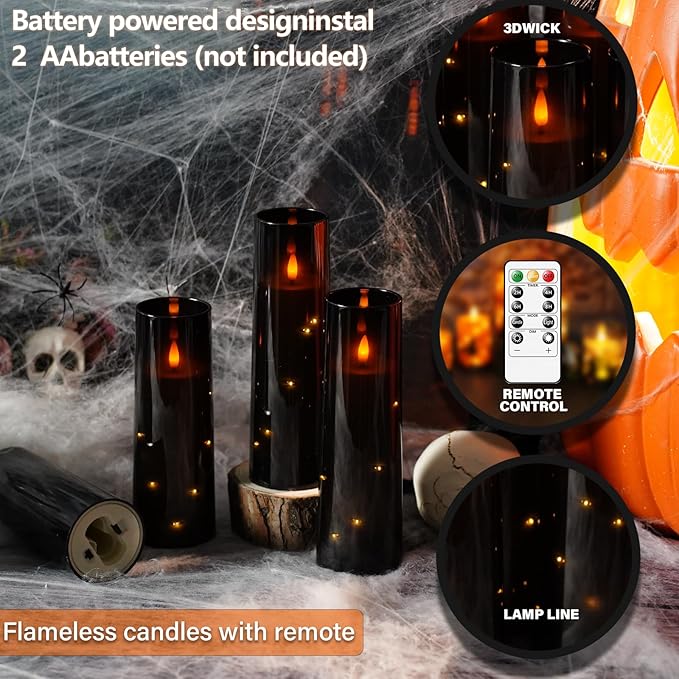 Flameless Candles,with Embedded Star String, Battery Operated Candles Flickering LED Pillar Candles with Remote Control and Timer, Home Decoration Add a Warm and Romantic Atmosphere，Set of 7 (Black)