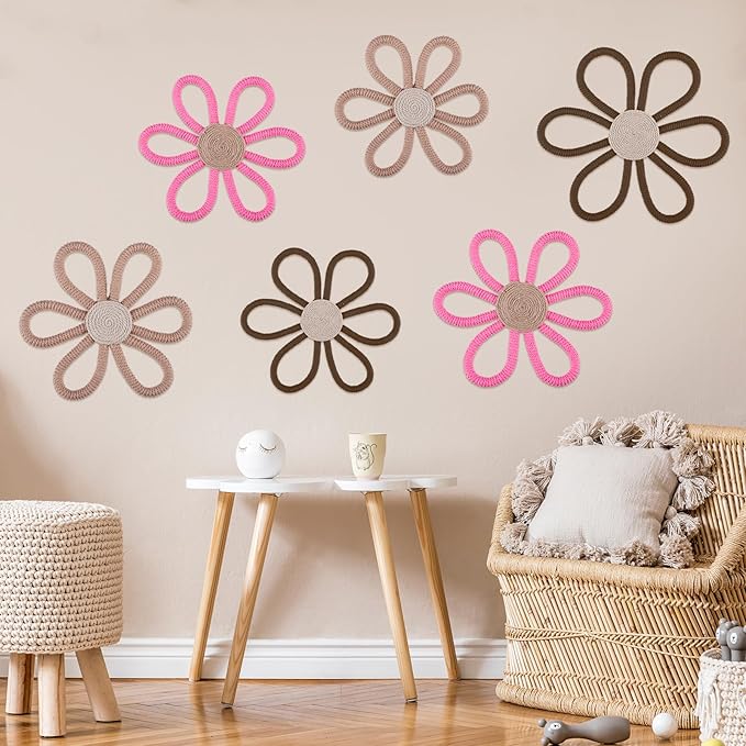 Barydat 6 Pcs Boho Nursery Decor Daisy Flower Woven Macrame Wall Hanging 3 Size Daisy Flower Wall Decor Bohemian Nursery Decorations for Home Dorm Art(Classic Color)