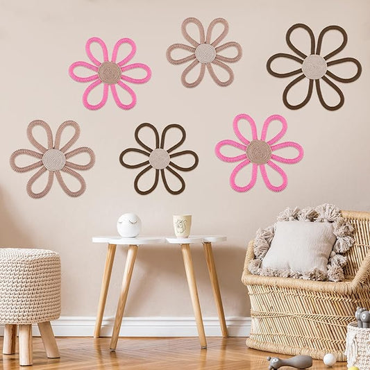 Barydat 6 Pcs Boho Nursery Decor Daisy Flower Woven Macrame Wall Hanging 3 Size Daisy Flower Wall Decor Bohemian Nursery Decorations for Home Dorm Art(Classic Color)