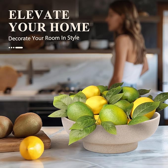 Large Decorative Bowl, Modern Handicraft Resin Bowls for Home Decor, Decorative Fruit Bowl for Kitchen Counter, Stylish Key Bowl for Entry Table, Artificial Stone Resin Beige