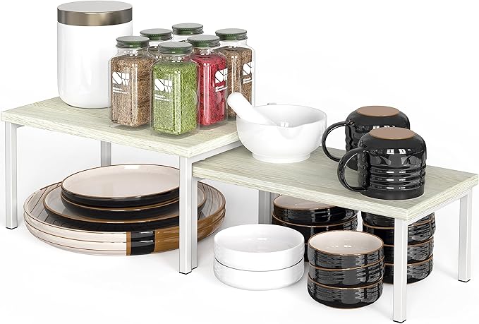 Simple Houseware Wooden Top Expandable Stackable Kitchen Cabinet and Counter Shelf Organizer, Maple