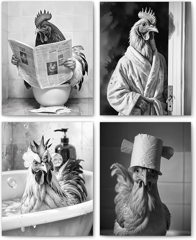 FITIE Funny Chicken Bathroom Wall Art Posters Set of 4, Chicken Bathroom Decor, Humorous Farmhouse Animal Rooster Hen Canvas Prints Artwork Wall Decor for Bath Room Washroom, 8x10 Unframed