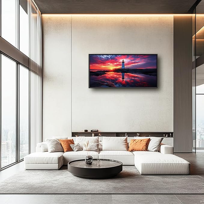 Olivine Lighthouse Wall Art, Nautical Coastal Pictures Wall Decor, Beach Sunset Paintings, Ocean Canvas Prints, Framed Artwork for Bathroom Bedroom Living Room Office Home Decoration 60"x30"