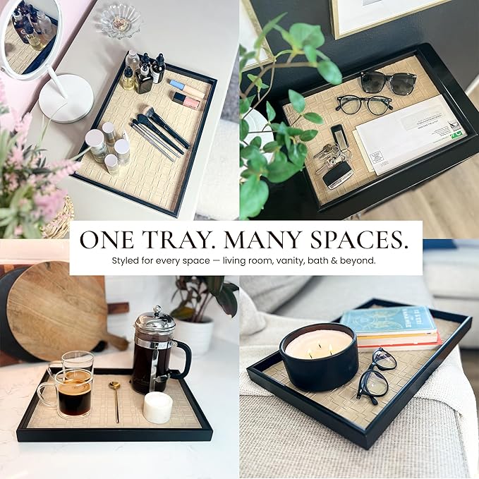 Solvane Wooden Serving Tray in Black – 15x11in Rectangular Ottoman & Coffee Table Tray, Decorative Wood Tray with PU Leather Base for Living Room, Kitchen, Bathroom & Vanity