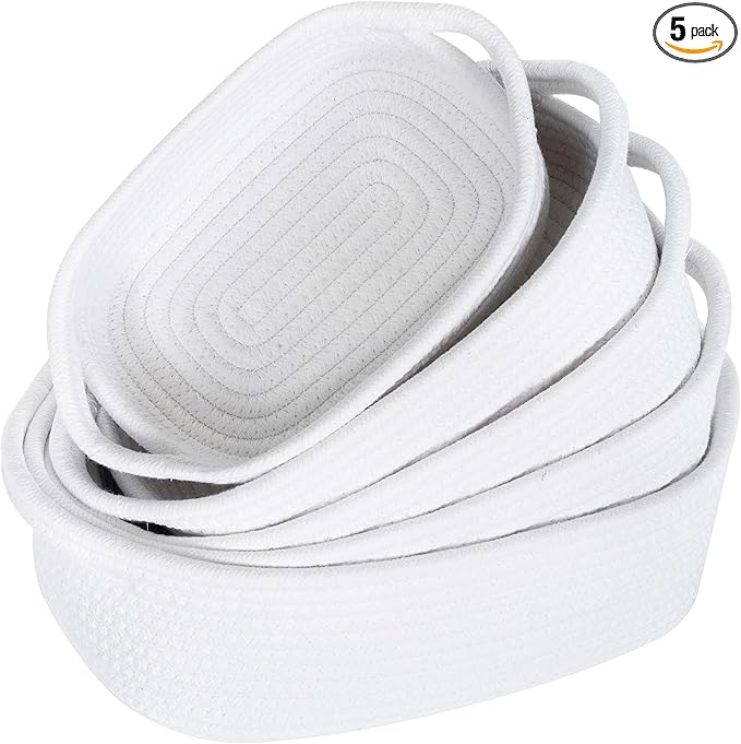MINTWOOD Design 5-Piece Small Decorative Woven Storage Baskets Set for Shelves and Catch All Tray with Handles for Organizing Gifts, Dog and Cat Toys, Bathroom Accessories, Full White