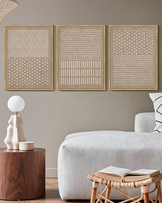 KUVIOKE Boho Mid-Century Modern Wall Art Framed Neutral Retro Minimalist Geometric Prints Rustic Bohemain Artwork Kitchen Dining Room 12x16in (Natural Framed)