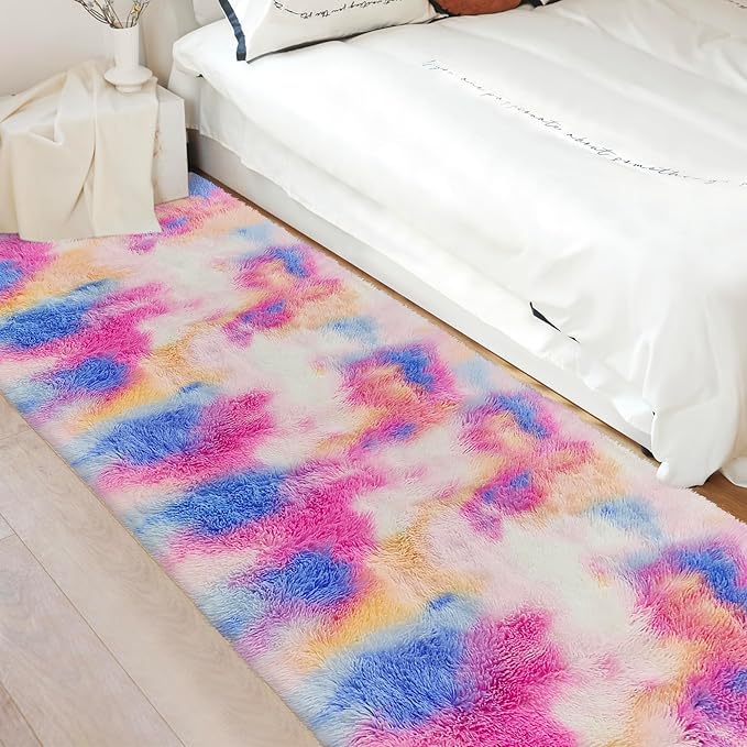 Fluffy Colorful Rug for Bedroom 3x10 ft Kawaii Tie-Dyed Area Rug Non Slip Cute Unicorn Kids Runner Rug for Girls Princess Teens Living Room Playroom Baby Nursery Decor Carpets